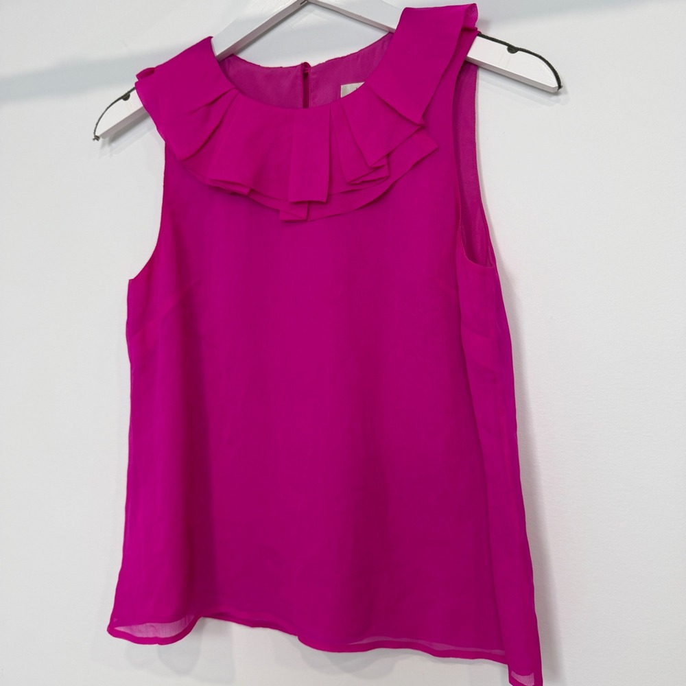 J.Crew Silk Pleated Ruffle Neck Pink Top 4 Barbiecore Coquette Feminine Romantic